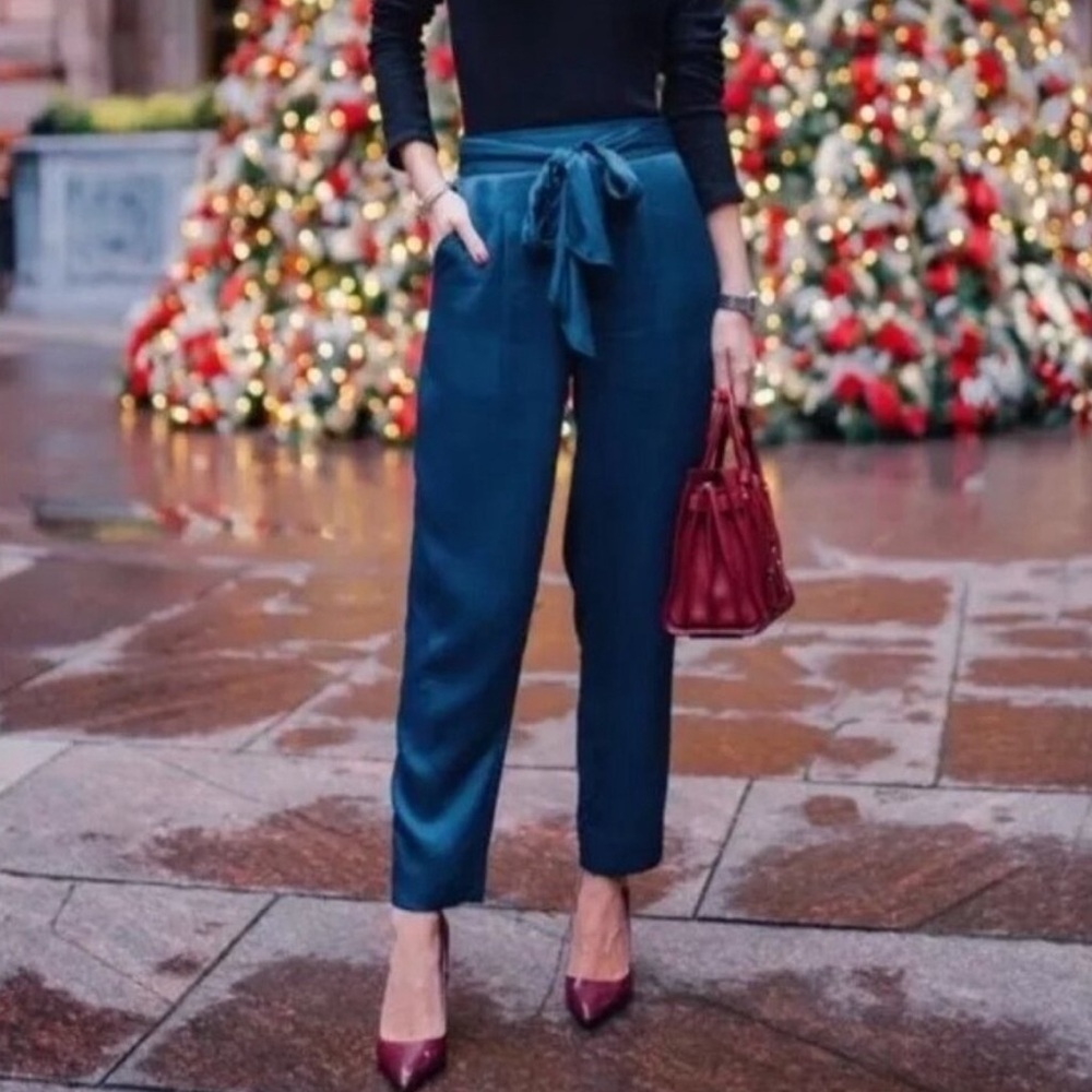 Anthropologie Teal Satin Trouser Pants